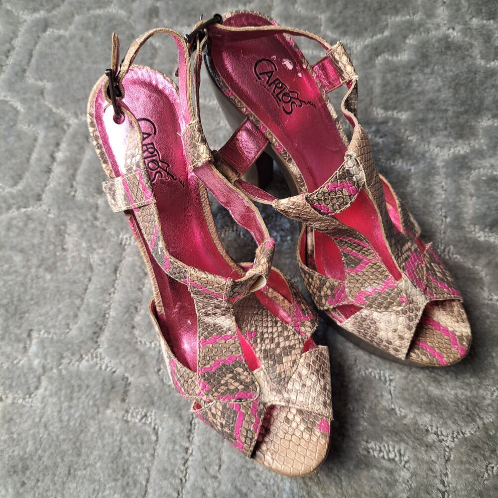 Carlos Cavort Snakeskin Platform Sandals WOMENS SIZE 7.5M 5" High Heels Barbie